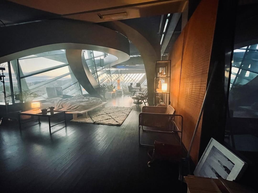 Interior set with warm practicals at golden hour