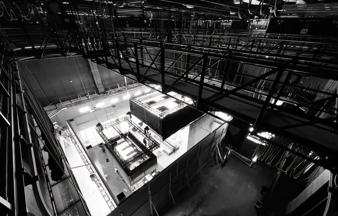 Overhead view of a studio set from the rigging grid
